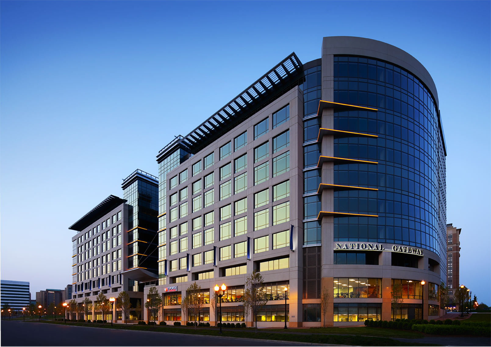 Architectural photograph of an office building at dusk