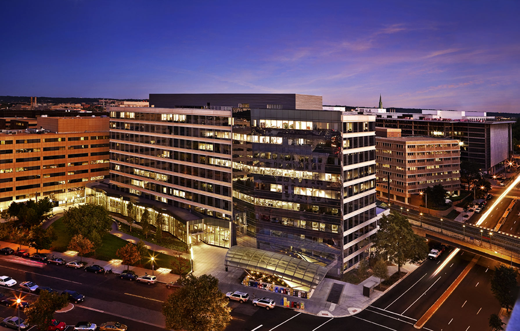 Architectural photograph of an office building in DC at dusk